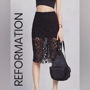 Reformation Elegant Black Lace Midi Skirt M